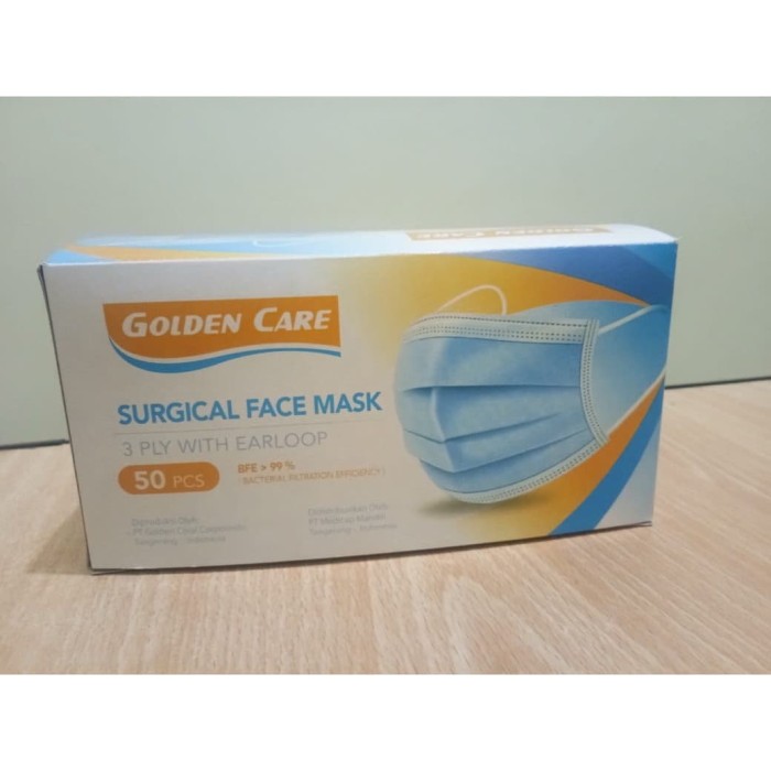 MASKER 3 PLY EARLOOP SURGICAL MURAH BAGUS GOLDEN CARE 1 box isi 50-1