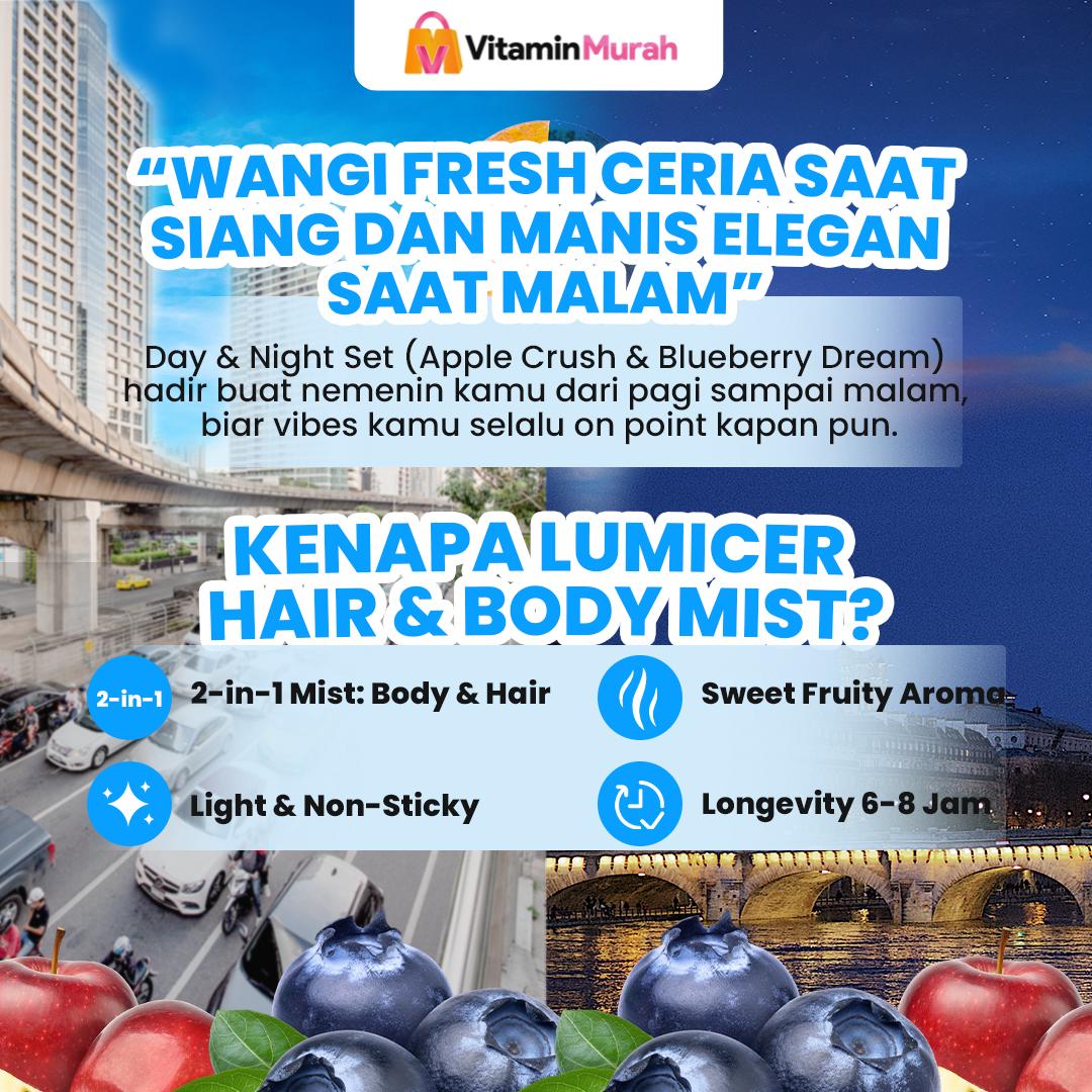 Apple & Blueberry Lumicer Hair Body Mist (Buy 1 Get 1) 2 x 250 ml - Aroma Fresh Fruity Sweet Soft Apel Blueberry Parfum Aroma Buah Pria Wanita Unisex Wangi Tahan Lama - Gambar 2