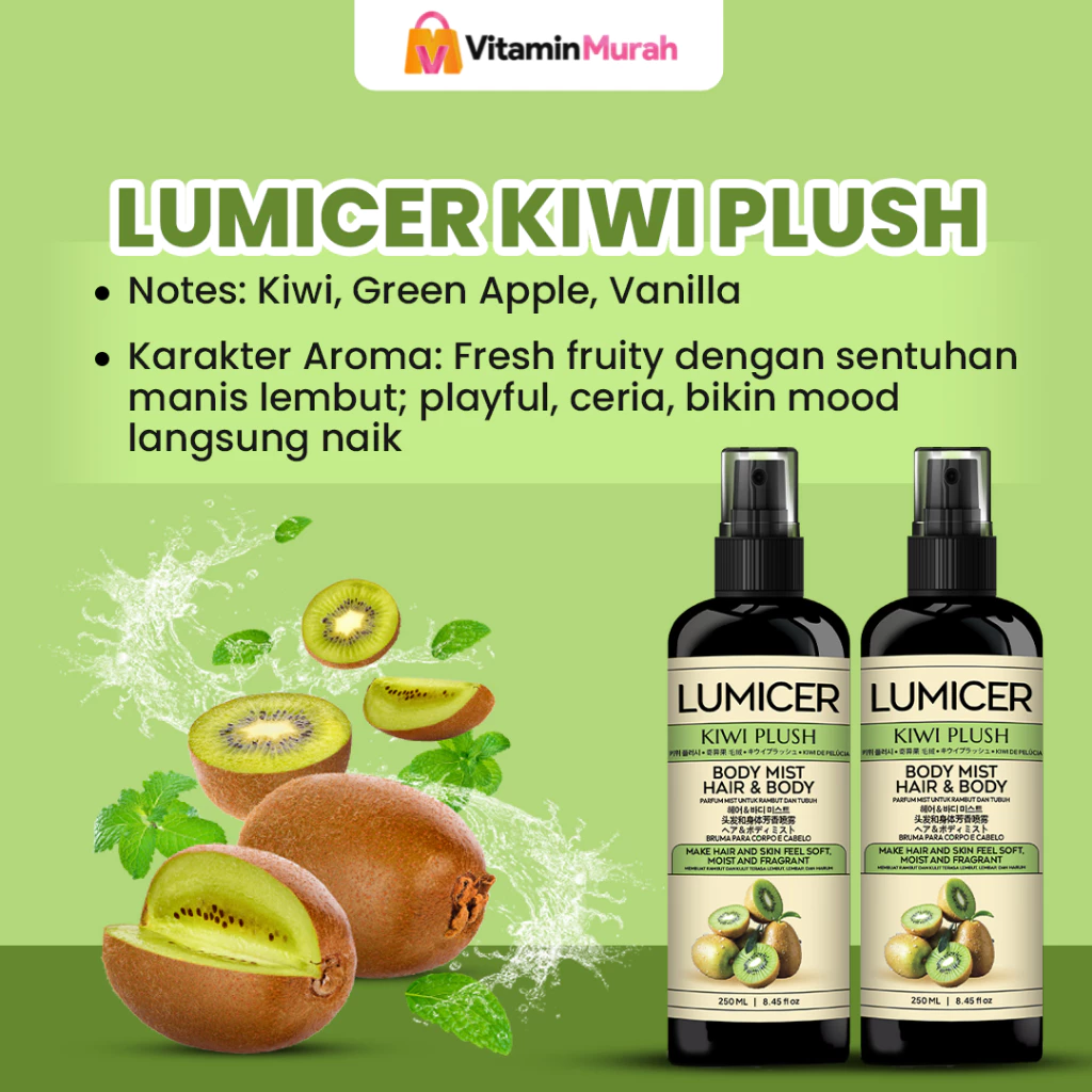 Kiwi Duo Lumicer Hair Body Mist (Buy 1 Get 1) 2 x 250 ml - Parfum Gentong Aroma Fresh Fruity Sweet Soft Kiwi Parfum Aroma Buah Pria Wanita Unisex Wangi Tahan Lama Halal - Gambar 3