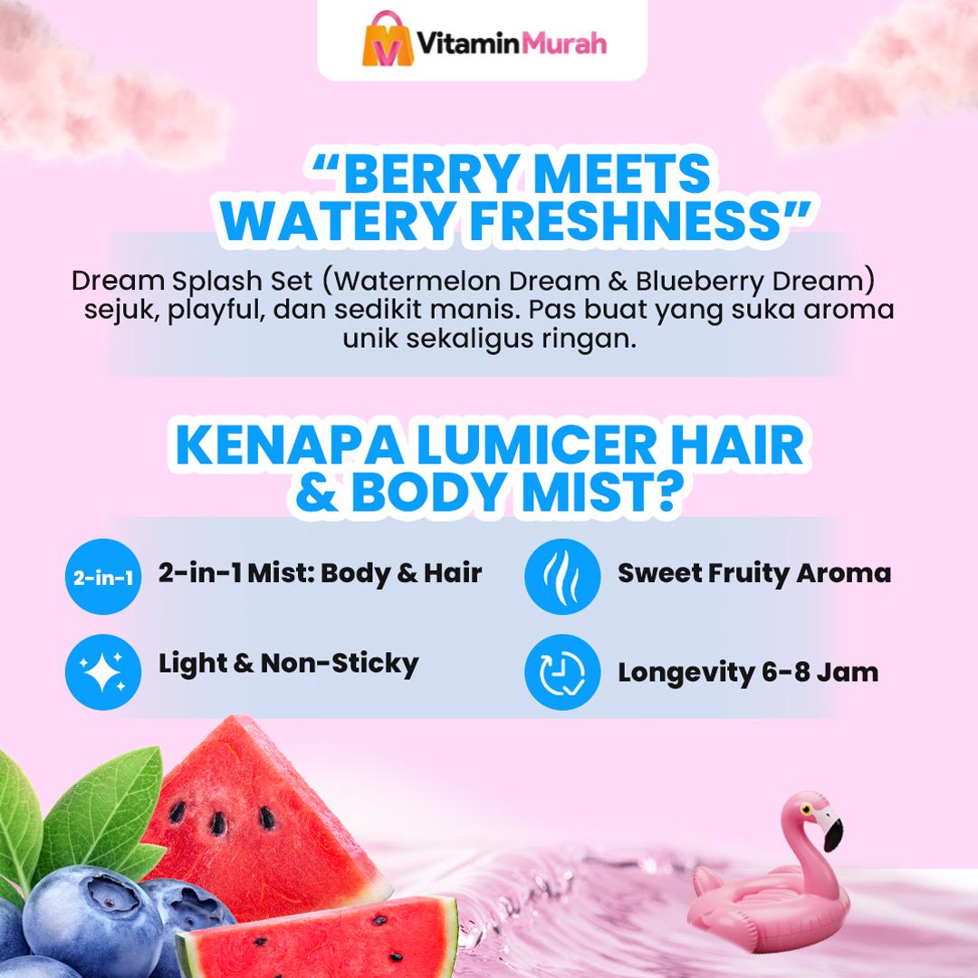 Watermelon & Blueberry Lumicer Hair Body Mist (Buy 1 Get 1) 2 x 250 ml - Aroma Fresh Fruity Sweet Soft Semangka Blueberry Parfum Aroma Buah Pria Wanita Unisex Wangi Tahan Lama - Gambar 2