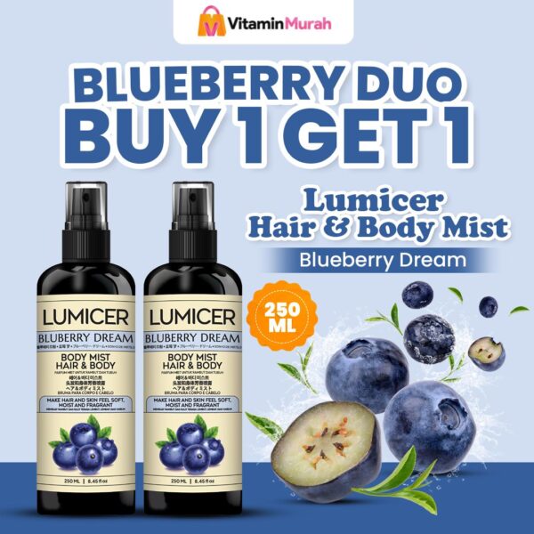 Blueberry Duo Lumicer Hair Body Mist (Buy 1 Get 1) 2 x 250 ml - Aroma Fresh Fruity Sweet Soft Blueberry Parfum Aroma Buah Pria Wanita Unisex Wangi Tahan Lama