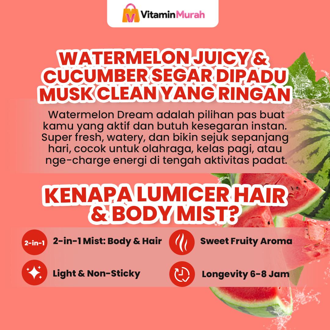 Watermelon Duo Lumicer Hair Body Mist (Buy 1 Get 1) 2 x 250 ml - Aroma Fresh Fruity Sweet Soft Semangka Parfum Aroma Buah Pria Wanita Unisex Wangi Tahan Lama - Gambar 2