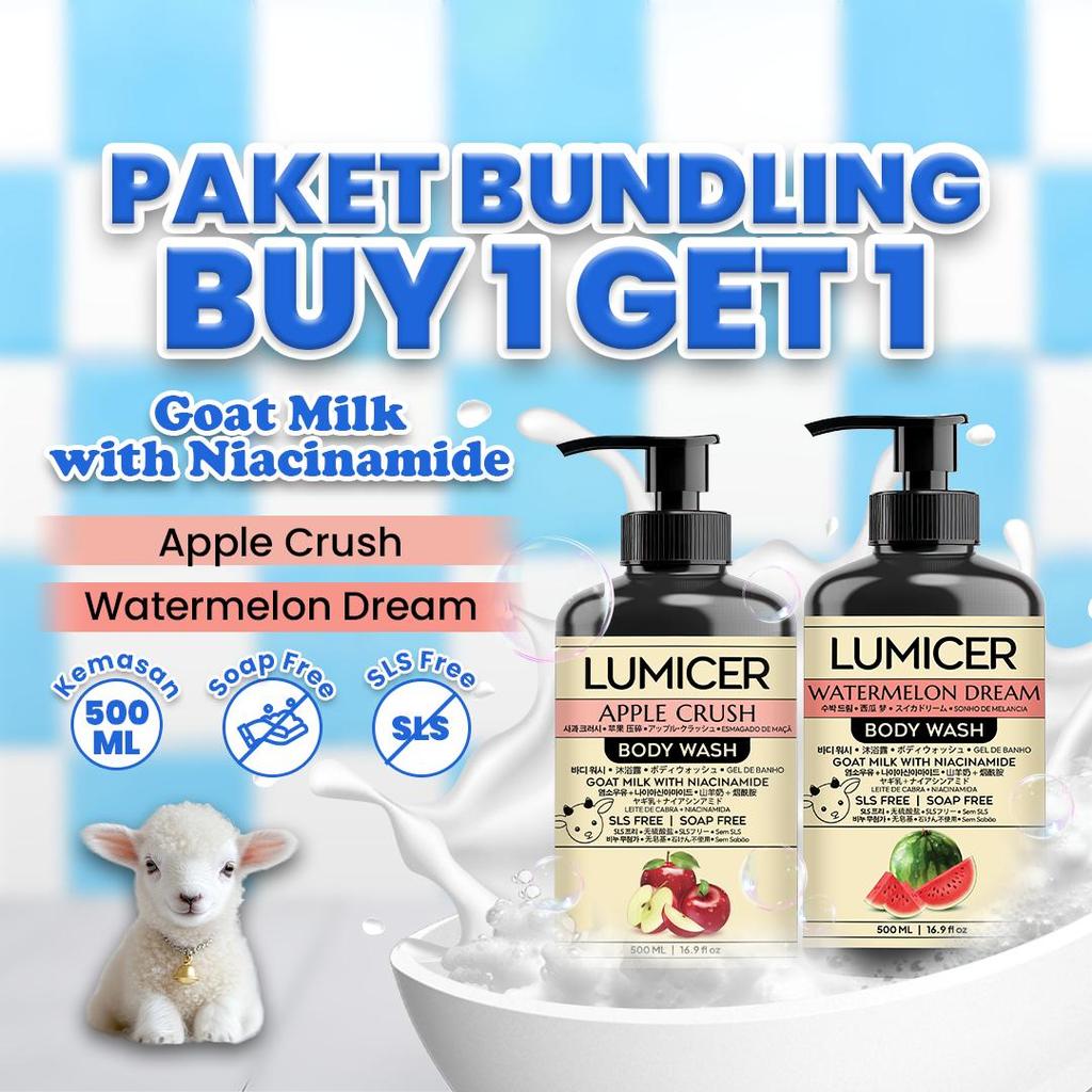 APPLE & WATERMELON LUMICER BODY WASH (BUY 1 GET 1) 2 X 500 ML - SABUN MENCERAHKAN MELEMBAPKAN ATASI BAU BADAN, NON SLS GOAT MILK & NIACINAMIDE