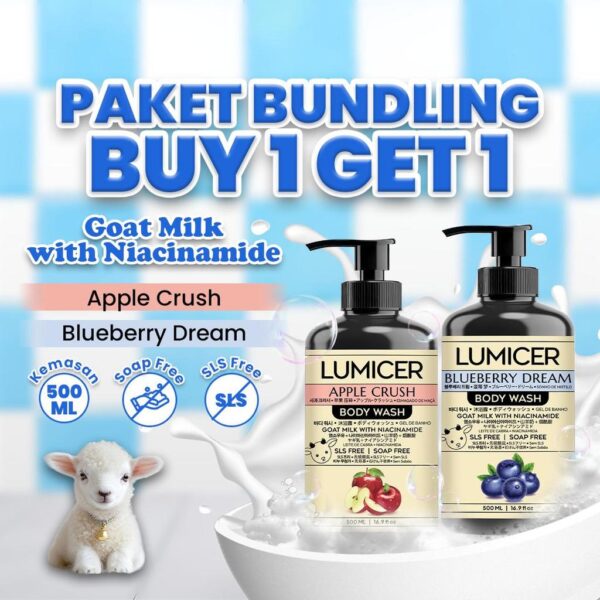 APPLE & BLUEBERRY LUMICER BODY WASH (BUY 1 GET 1) 2 X 500 ML -  SABUN MENCERAHKAN MELEMBAPKAN ATASI BAU BADAN, NON SLS GOAT MILK & NIACINAMIDE