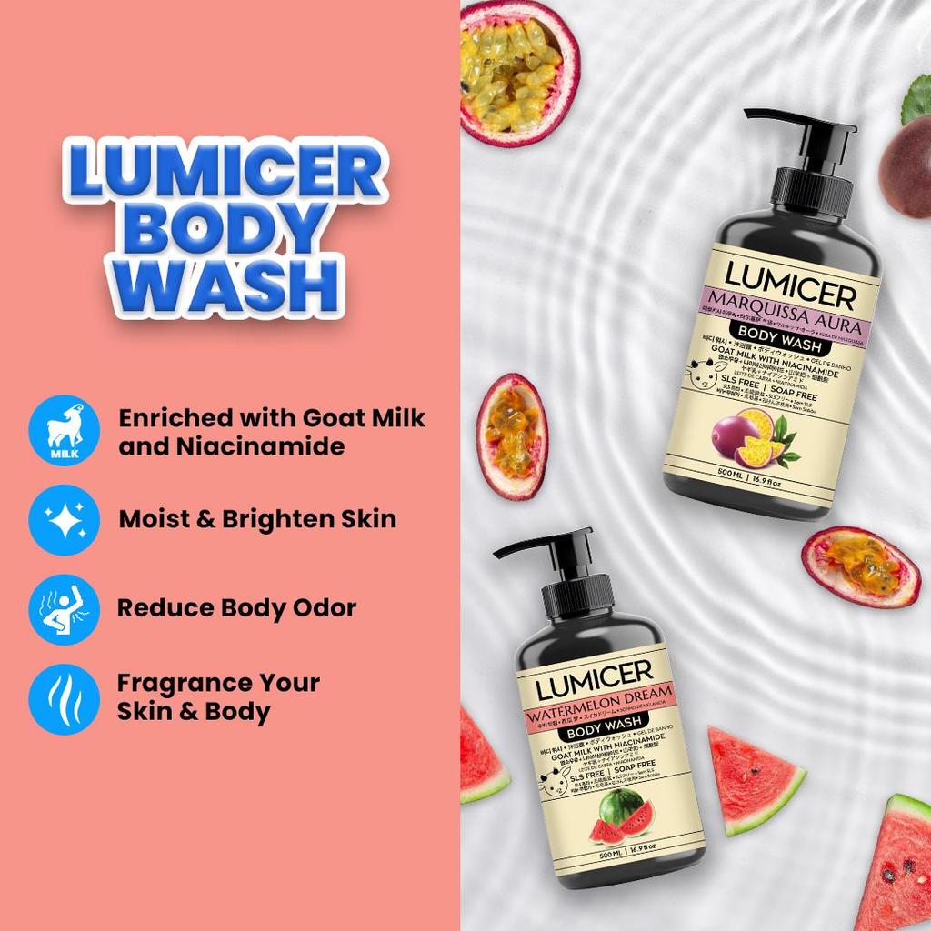 MARQUISSA & WATERMELON LUMICER BODY WASH (BUY 1 GET 1) 2 X 500 ML - SABUN MENCERAHKAN MELEMBAPKAN ATASI BAU BADAN, NON SLS GOAT MILK & NIACINAMIDE - Gambar 3