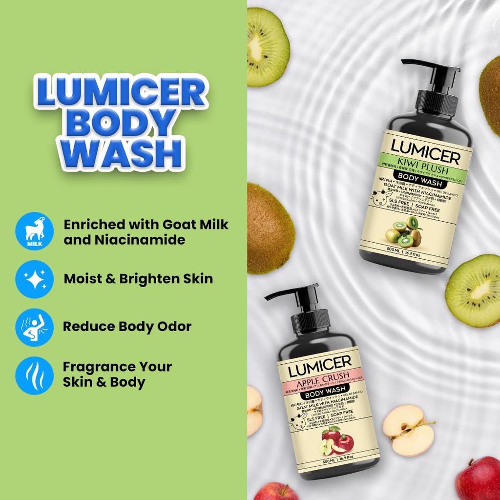 KIWI & APPLE LUMICER BODY WASH (BUY 1 GET 1) 2 X 500 ML - SABUN MENCERAHKAN MELEMBAPKAN ATASI BAU BADAN, NON SLS GOAT MILK & NIACINAMIDE - Gambar 3