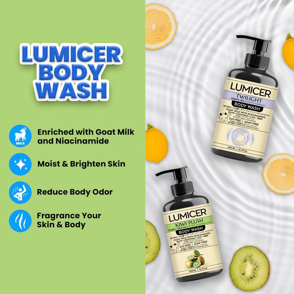 TWILIGHT & KIWI LUMICER BODY WASH (BUY 1 GET 1) 2 X 500 ML - SABUN MENCERAHKAN MELEMBAPKAN ATASI BAU BADAN, NON SLS GOAT MILK & NIACINAMIDE - Gambar 3